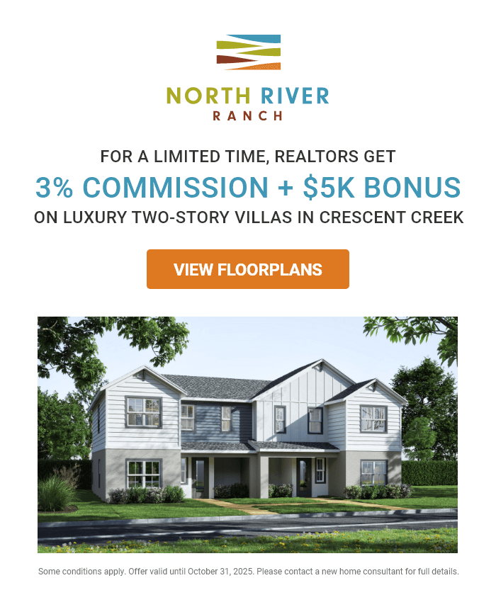 For a limited time, realtors get 3% commission + $5K bonus on luxury two-story villas in Crescent Creek